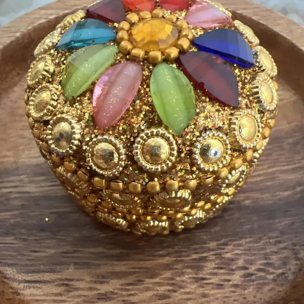 Vintage Palawan Philippines Wood Dish & Indian Jeweled Kumkum Ring Pill Box Lot